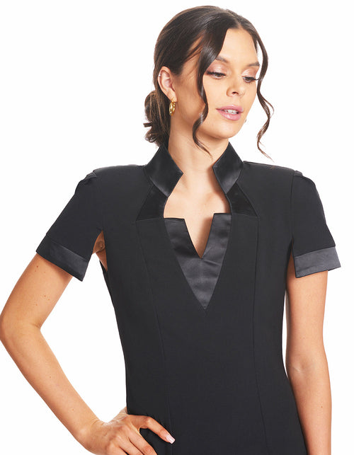 Top Notch Dress -  Short Sleeve Notch Neck Black Midi Dress with Satin