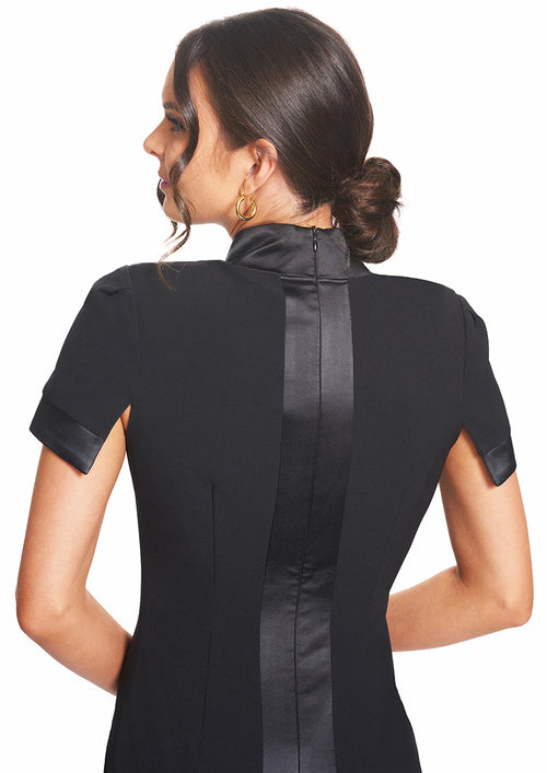 Top Notch Dress -  Short Sleeve Notch Neck Black Midi Dress with Satin