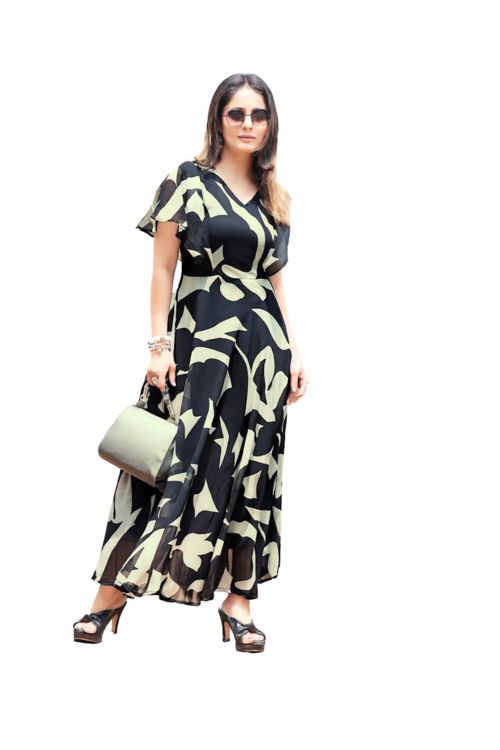 Chic Black & Cream Abstract Print Maxi Dress  (Size-L)