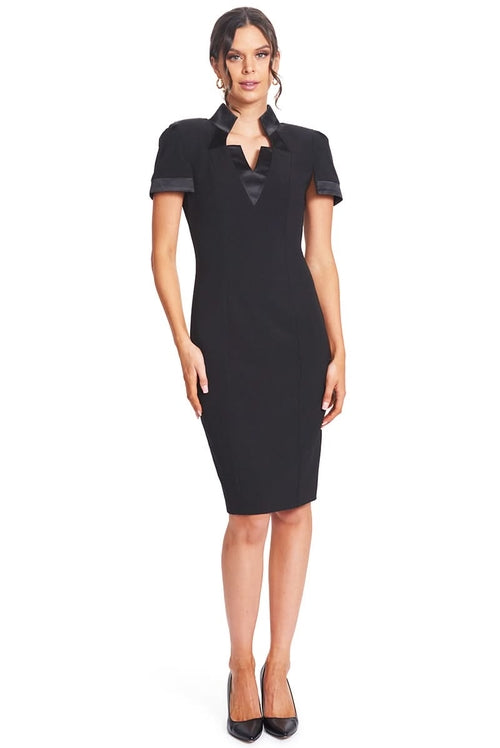 Top Notch Dress -  Short Sleeve Notch Neck Black Midi Dress with Satin